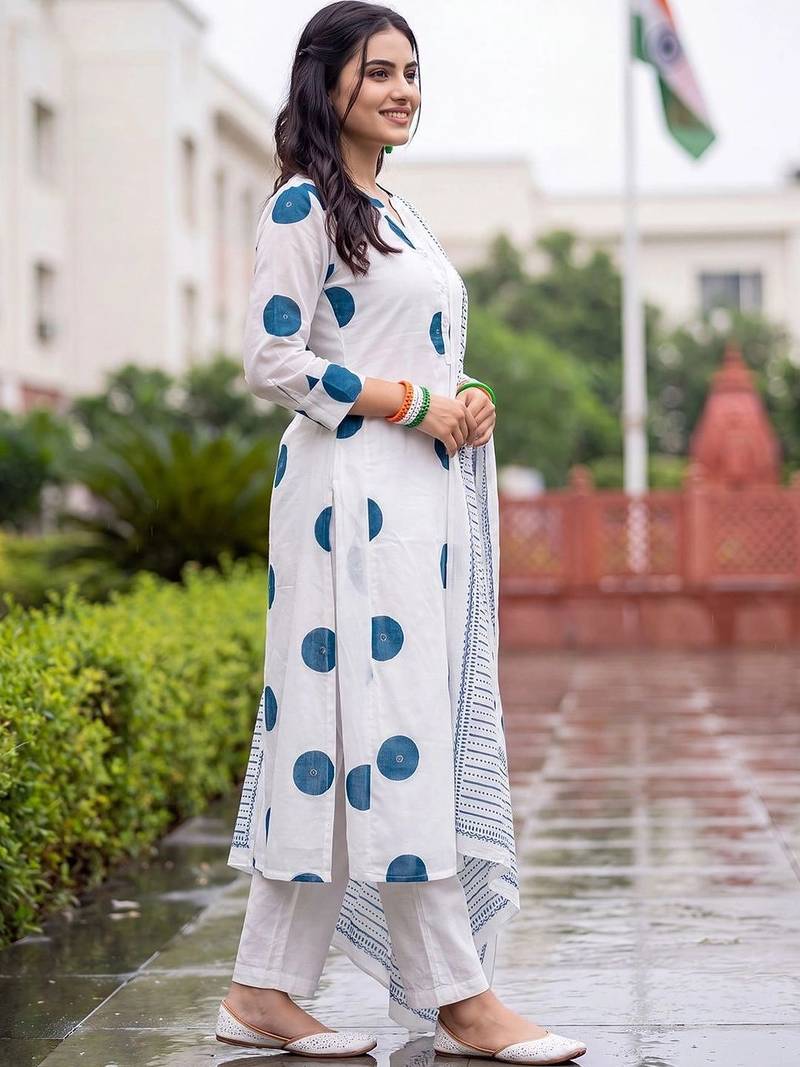 women printed regular cotton kurta with trousers & with dupatta