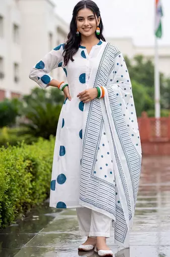 women printed regular cotton kurta with trousers & with dupatta