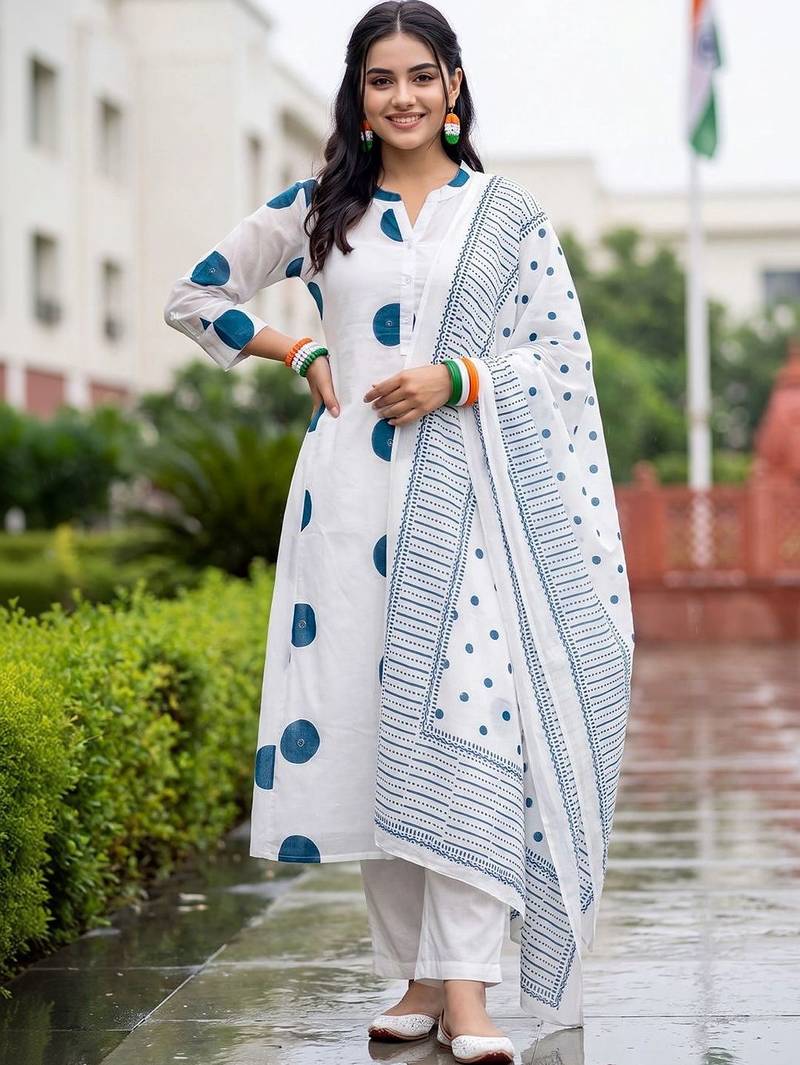 women printed regular cotton kurta with trousers & with dupatta