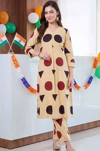 women printed regular cotton kurta with trousers