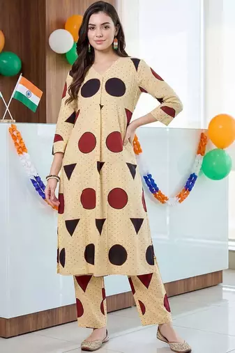 women printed regular cotton kurta with trousers