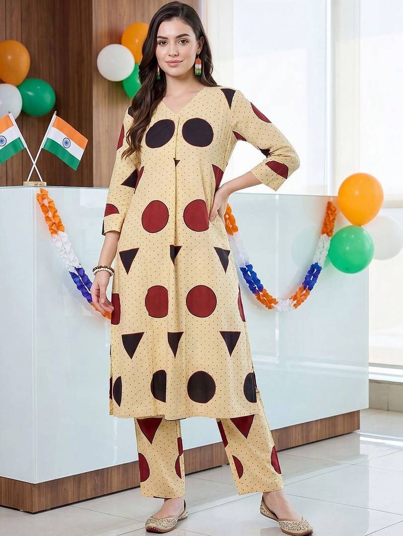 women printed regular cotton kurta with trousers