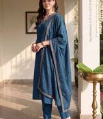 women ethnic motifs regular thread work kurta with trousers & with dupatta