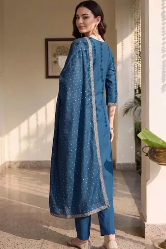 women ethnic motifs regular thread work kurta with trousers & with dupatta