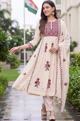 women ethnic motifs embroidered empire thread work kurta with trousers & with dupatta