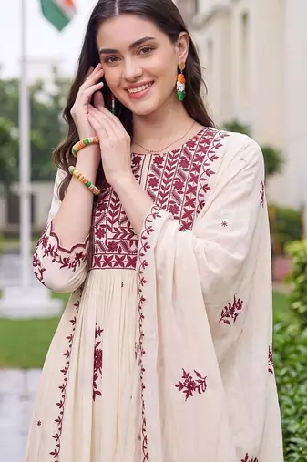 women ethnic motifs embroidered empire thread work kurta with trousers & with dupatta