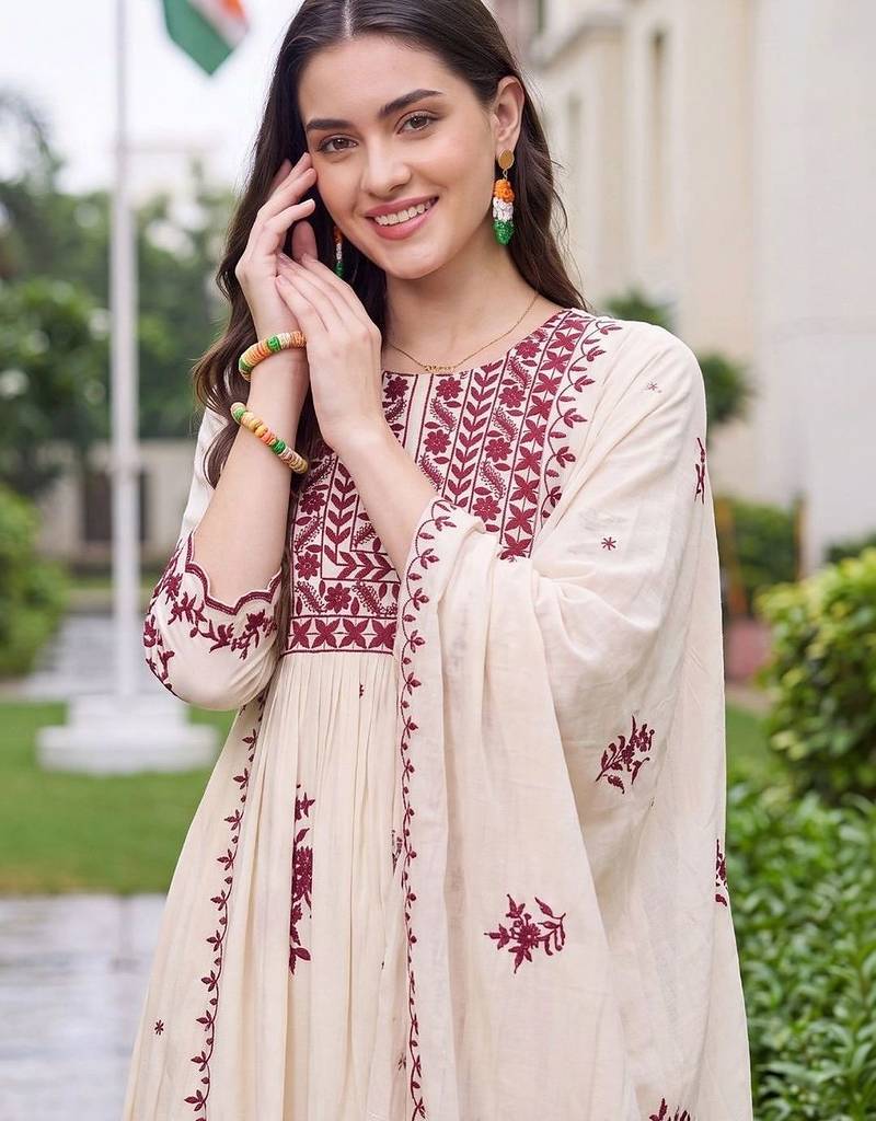 women ethnic motifs embroidered empire thread work kurta with trousers & with dupatta