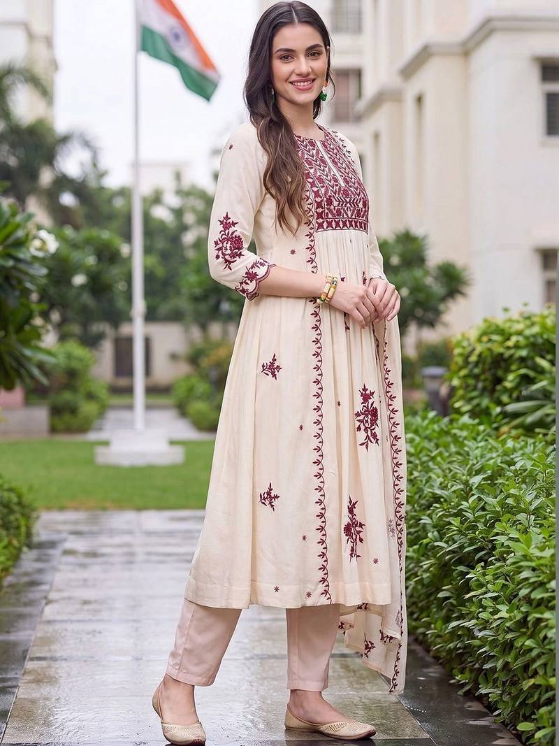 women ethnic motifs embroidered empire thread work kurta with trousers & with dupatta