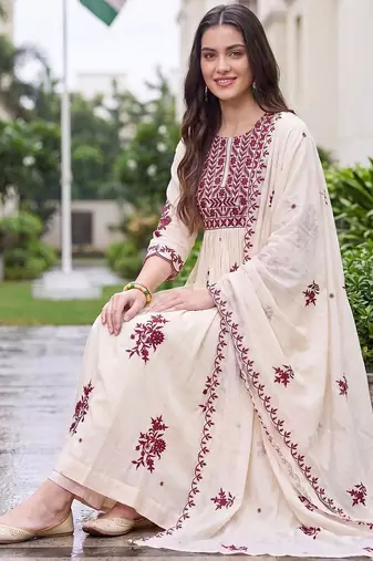 women ethnic motifs embroidered empire thread work kurta with trousers & with dupatta