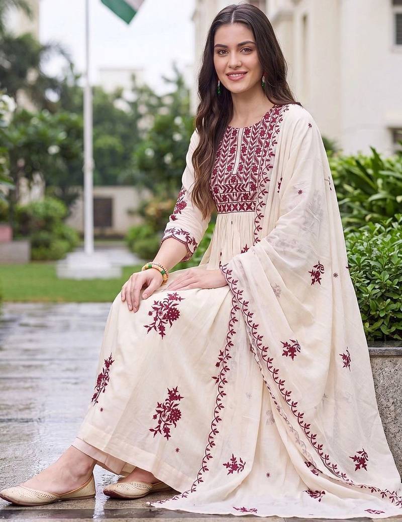 women ethnic motifs embroidered empire thread work kurta with trousers & with dupatta