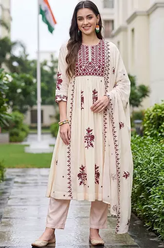 women ethnic motifs embroidered empire thread work kurta with trousers & with dupatta