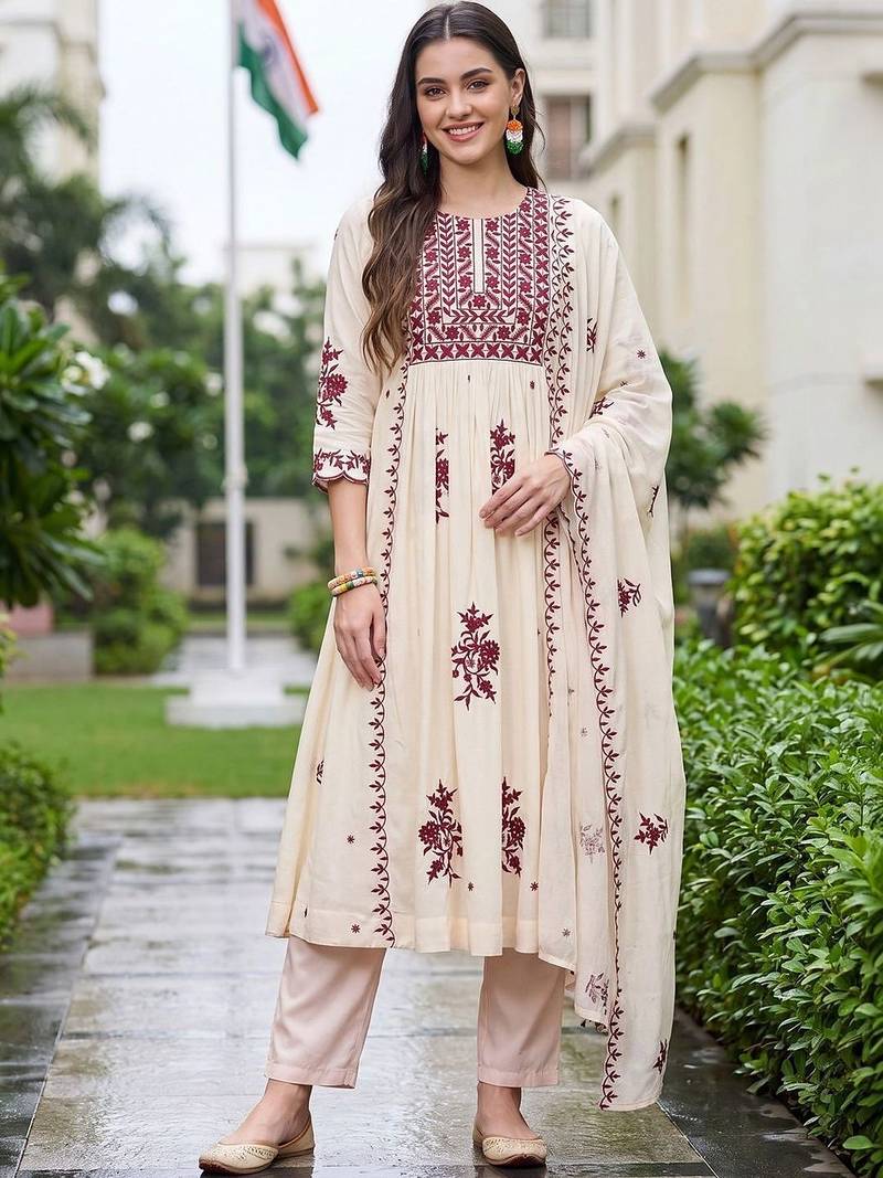 women ethnic motifs embroidered empire thread work kurta with trousers & with dupatta