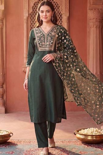women ethnic motifs embroidered regular thread work liva kurta with trousers & with dupatta