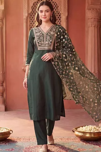 women ethnic motifs embroidered regular thread work liva kurta with trousers & with dupatta