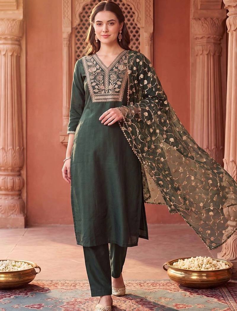 women ethnic motifs embroidered regular thread work liva kurta with trousers & with dupatta