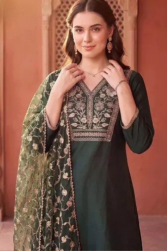 women ethnic motifs embroidered regular thread work liva kurta with trousers & with dupatta