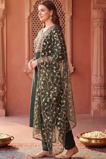 women ethnic motifs embroidered regular thread work liva kurta with trousers & with dupatta