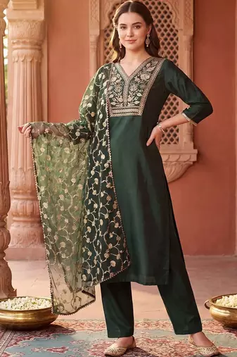 women ethnic motifs embroidered regular thread work liva kurta with trousers & with dupatta
