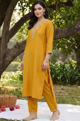 women ethnic motifs embroidered regular thread work kurta with trousers