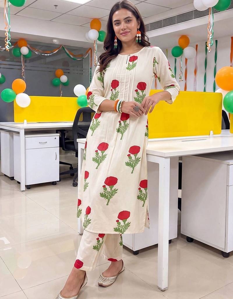 women floral printed regular cotton kurta with trousers
