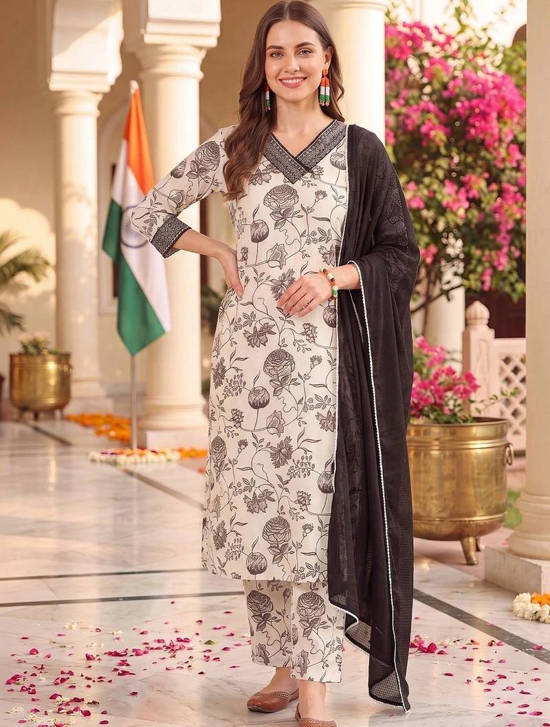 women floral printed regular thread work cotton kurta with trousers & with dupatta
