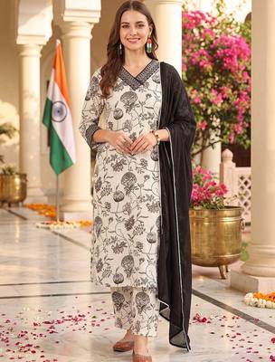 women floral printed regular thread work cotton kurta with trousers & with dupatta 6