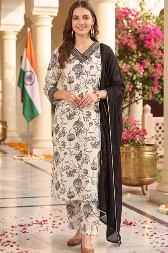 women floral printed regular thread work cotton kurta with trousers & with dupatta
