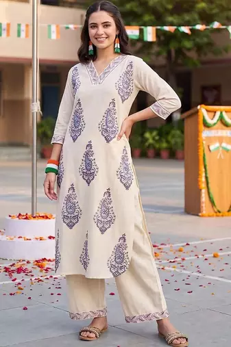 women ethnic motifs printed regular cotton kurta with palazzos