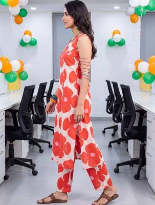women floral printed regular cotton kurta with trousers 3