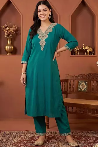 women ethnic motifs embroidered regular thread work kurta with trousers