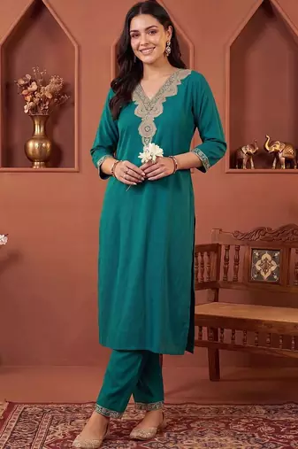 women ethnic motifs embroidered regular thread work kurta with trousers