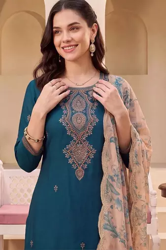 women ethnic motifs embroidered regular thread work kurta with patiala & with dupatta