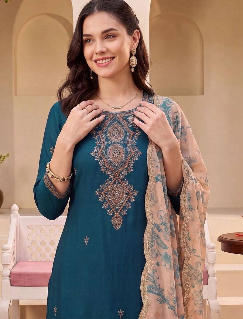 women ethnic motifs embroidered regular thread work kurta with patiala & with dupatta