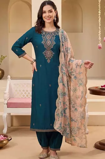 women ethnic motifs embroidered regular thread work kurta with patiala & with dupatta
