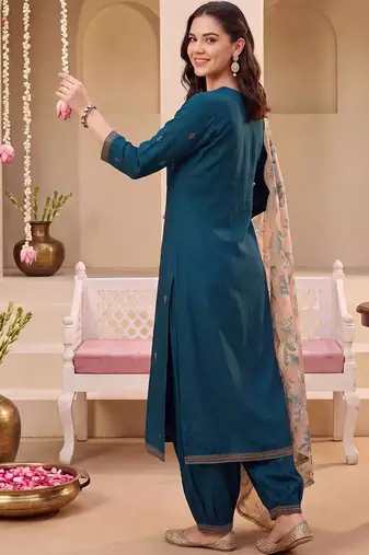 women ethnic motifs embroidered regular thread work kurta with patiala & with dupatta