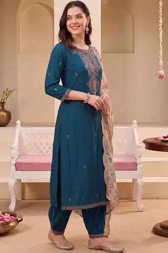 women ethnic motifs embroidered regular thread work kurta with patiala & with dupatta