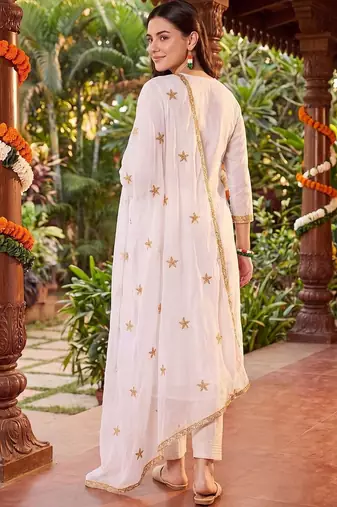 women ethnic motifs embroidered regular kurta with trousers & with dupatta