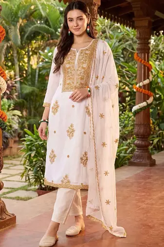 women ethnic motifs embroidered regular kurta with trousers & with dupatta
