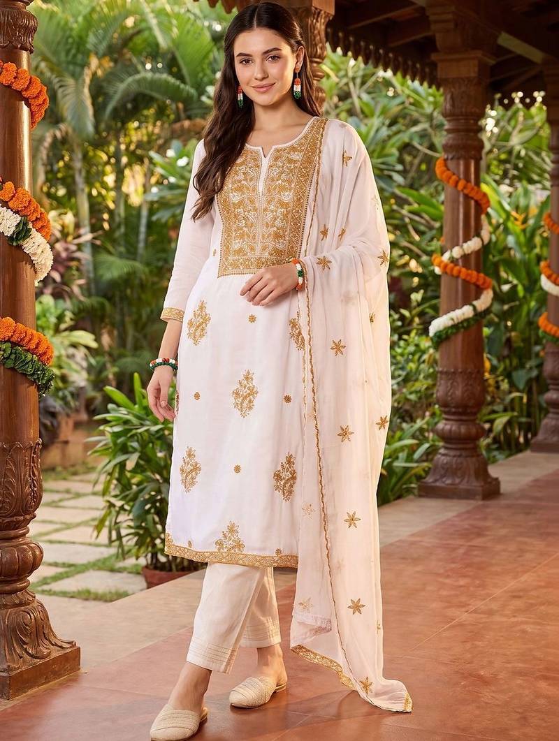women ethnic motifs embroidered regular kurta with trousers & with dupatta