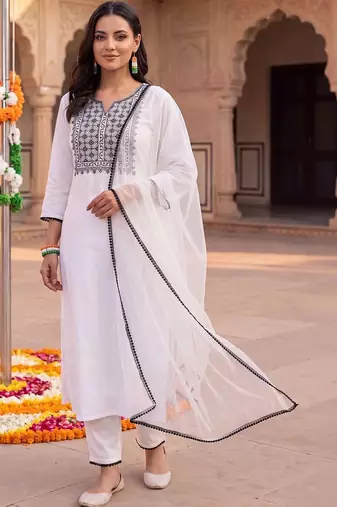 women ethnic motifs embroidered regular thread work kurta with trousers & with dupatta