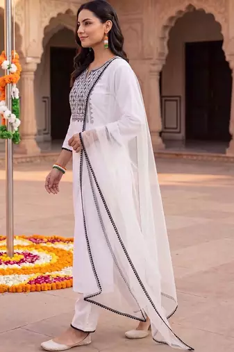 women ethnic motifs embroidered regular thread work kurta with trousers & with dupatta