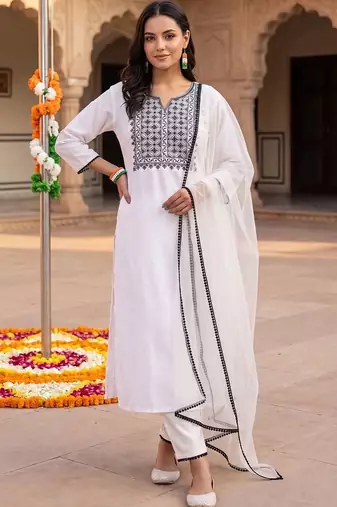 women ethnic motifs embroidered regular thread work kurta with trousers & with dupatta