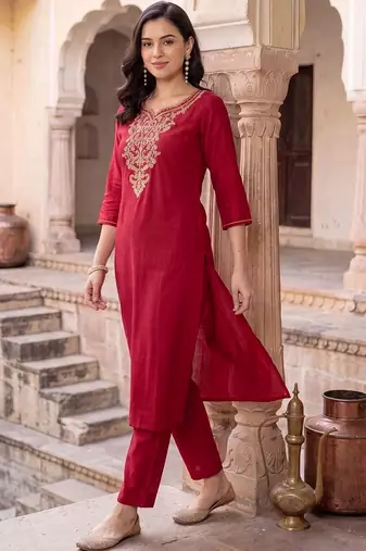 women ethnic motifs embroidered regular thread work kurta with trousers
