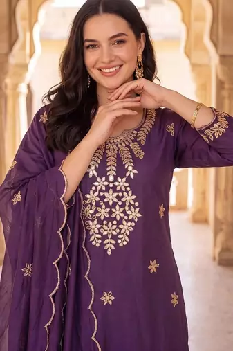 women ethnic motifs embroidered regular thread work kurta with trousers & with dupatta