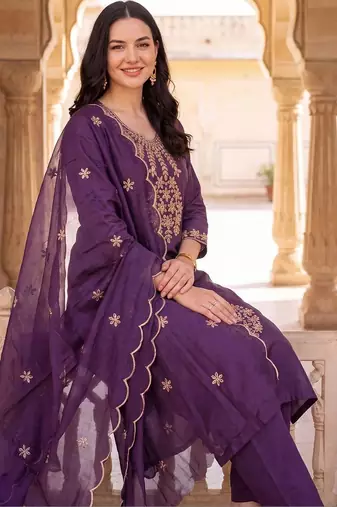 women ethnic motifs embroidered regular thread work kurta with trousers & with dupatta