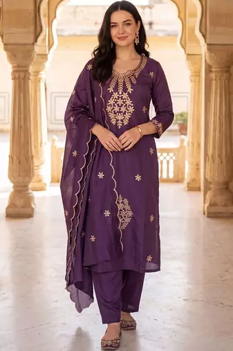 women ethnic motifs embroidered regular thread work kurta with trousers & with dupatta