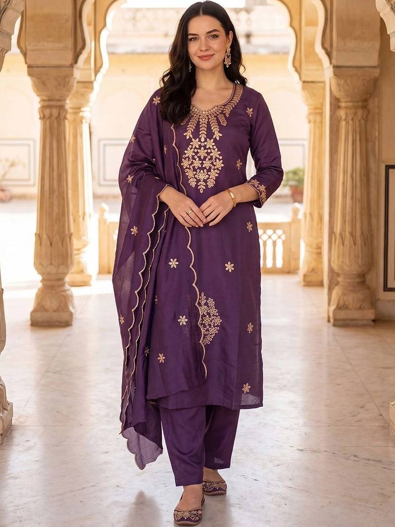women ethnic motifs embroidered regular thread work kurta with trousers & with dupatta