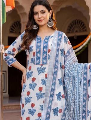 women floral printed regular cotton kurta with trousers & with dupatta 2