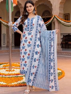 women floral printed regular cotton kurta with trousers & with dupatta 6