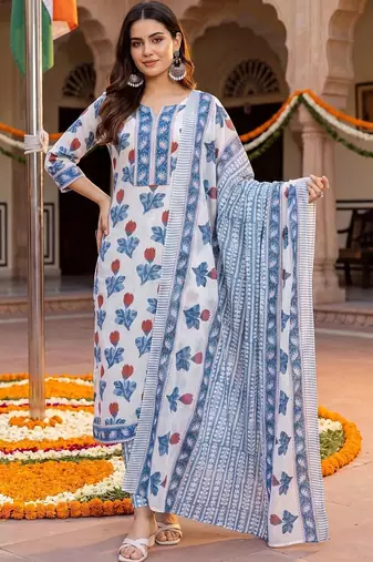 women floral printed regular cotton kurta with trousers & with dupatta